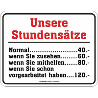 RAHMENLOS Original Blechschild für den Handwerker: Unsere Stundensätze