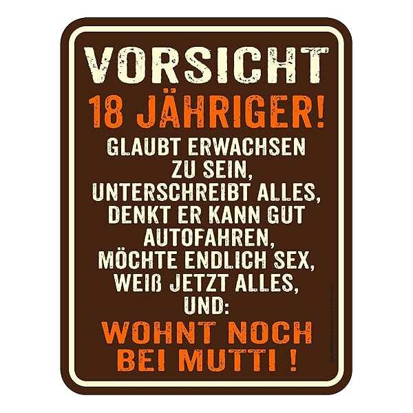 RAHMENLOS Original Blechschild zum 18. Geburtstag: Vorsicht 18jähriger! Glaubt erwachsen zu Sein Denkt er kann gut Autofahren Möchte endlich Sex Wohnt noch bei Mutti