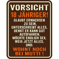 RAHMENLOS Original Blechschild zum 18. Geburtstag: Vorsicht 18jähriger! Glaubt erwachsen zu Sein Denkt er kann gut Autofahren Möchte endlich Sex Wohnt noch bei Mutti