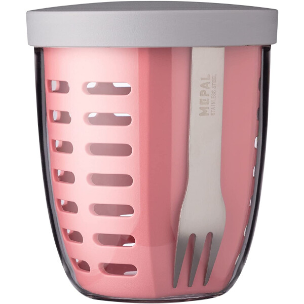 Mepal Fruitpot Ellipse Nordic pink – 600 ml Inhalt – ideal für Früchte, Obst und Gemüse unterwegs-mit Abtropfsieb und Gabel – spülmaschinenfest, pp/pctg, 107 mm