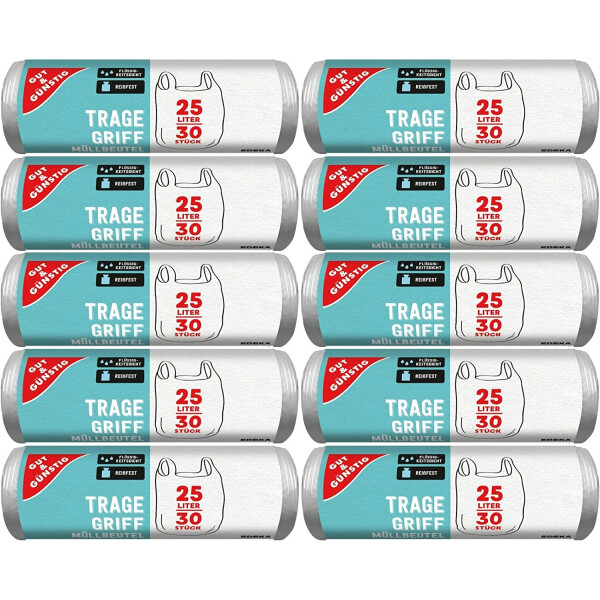 Gut & Günstig Müllbeutel/Mülltüten mit Tragegriff, 25 Liter, 30 Stück pro Rolle, Reißfest & Flüssigkeitsdicht, Produkt & Verpackung recyclebar (10er Pack)