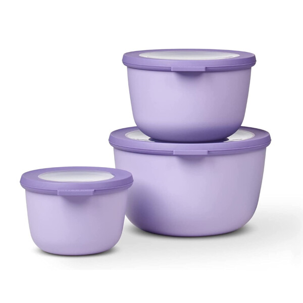 Mepal - Cirqula Multischüssel-Set 3–teilig rund Nordic lilac – 500, 1000 und 2000 ml – Verwendbar als Vorratdose, Kühlschrankdose, Gefrierdose, Mikrowellegeschirr & Servierschale mit Deckel