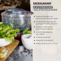 FACKELMANN Salatschleuder #easyprepare, hochwertige Schleuder mit Seilzug, Schüssel mit Stopp-Taste, Salattrockner mit herausnehmbarem Sieb, Salatschüssel mit Anti-Rutsch-Boden (Farbe: Blau/Grau)