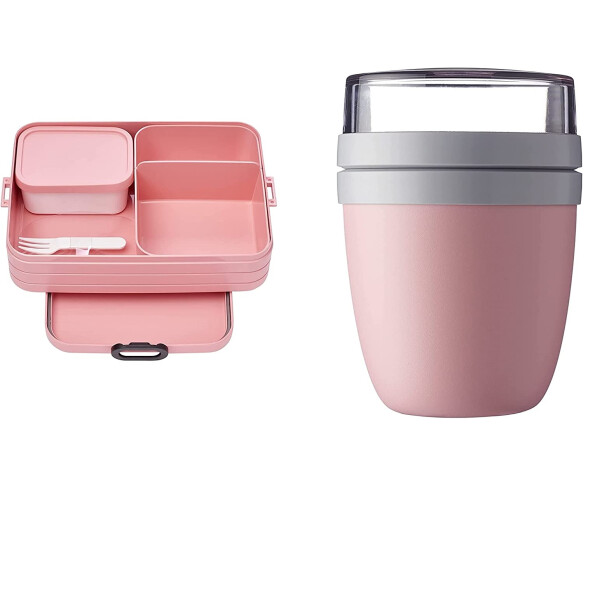 Mepal 2-tlg Starter Set Snacks to go – Bento-Lunchbox Large mit Lunchpot – praktischer Müslibecher – Brotdose mit Fächern, geeignet für bis zu 8 Butterbrote, Nordic Pink