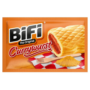 BiFi Currywurst – 20er Pack (20 x 60g) – Salami Wurstsnack mit Currysauce in einem lockeren Teig - Wurst im Weizenbrötchen To Go - für Unterwegs, im Büro oder beim Sport - Schinkenwurst
