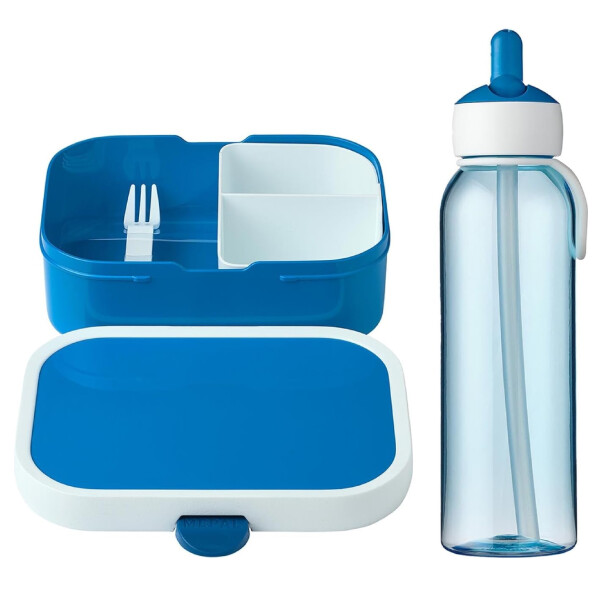 Mepal Lunchset Campus Flip-up Trinkflasche Wasserflasche für Kinder mit Strohhalm Bento-Brotdose mit Einsatz & Mini-Gabel kohlensäuregeeignet auslaufsicher blau