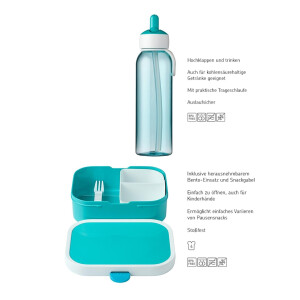 Mepal Lunchset Campus Flip-up Trinkflasche Wasserflasche für Kinder mit Strohhalm Bento-Brotdose mit Einsatz & Mini-Gabel kohlensäuregeeignet auslaufsicher blau