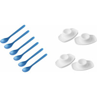 FACKELMANN | 12-tlg. Frühstücks-Set | Eierlöffel Blau mit Eierbecher Weiß | hochwertiger Kunststoff | ideal für den Frühstückstisch