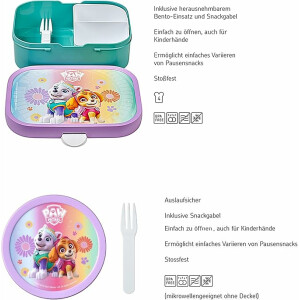 Mepal | Kinder Obst- und Bento Box | Campus meets Fruits | Spülmaschinenfest & BPA-frei | 300 & 750 ml | Mit Fächern, Gabel & Clip-Verschluss | Perfekt für Snacks & Mahlzeiten | Paw Patrol Girls