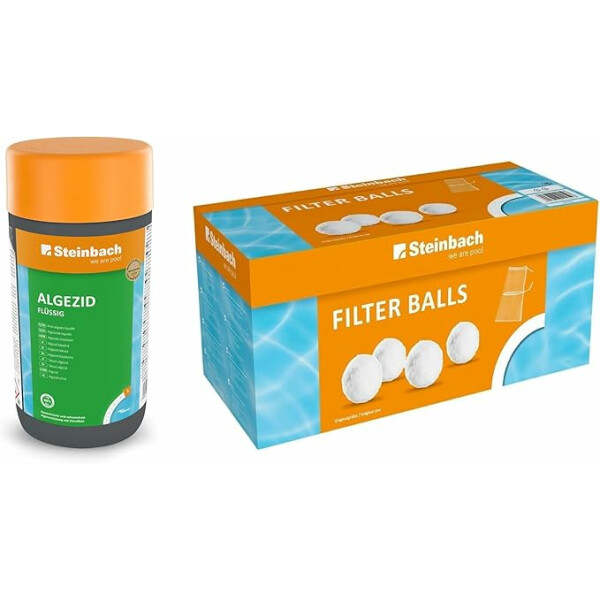 Steinbach | Poolpflege Set Algezid + Filterbälle | flüssig, 1 l | mit 700g Filterbälle | ideal zur Reinigung des Pools | Poolwasser sauber und kristallklar