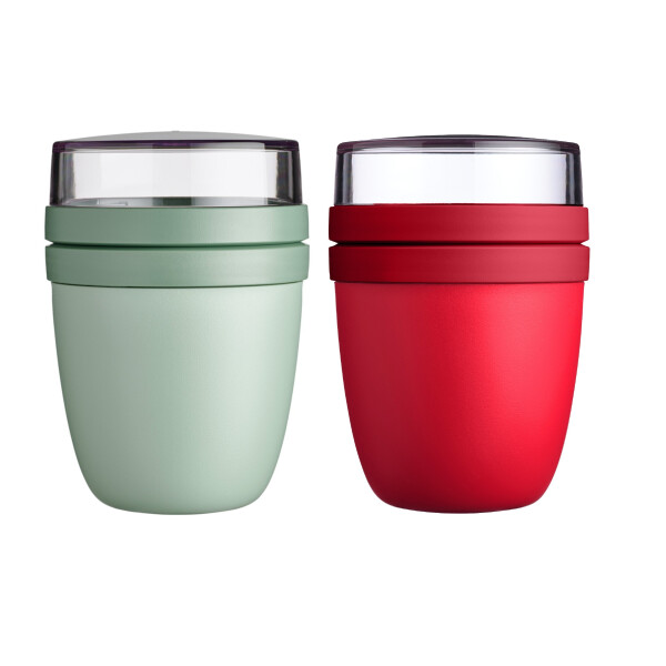 Mepal | Lunchpot Ellipse | Nordic Sage & Campus Red | Müslibecher to go | separate Fächer für Joghurt & Müsli | 500 ml + 200 ml | mikrowellen-, gefrier- und spülmaschinengeeignet