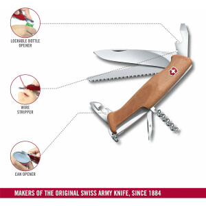 Victorinox Schweizer Taschenmesser Ranger 55, Swiss Army Knife, Multitool, 10 Funktionen, Feststellklinge, Dosenöffner, Schraubendreher