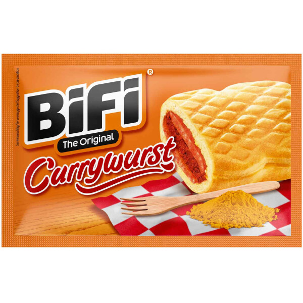 BiFi Currywurst – 60g – Salami Wurstsnack mit Currysauce in einem lockeren Teig - Wurst im Weizenbrötchen To Go - für Unterwegs, im Büro oder beim Sport - Schinkenwurst