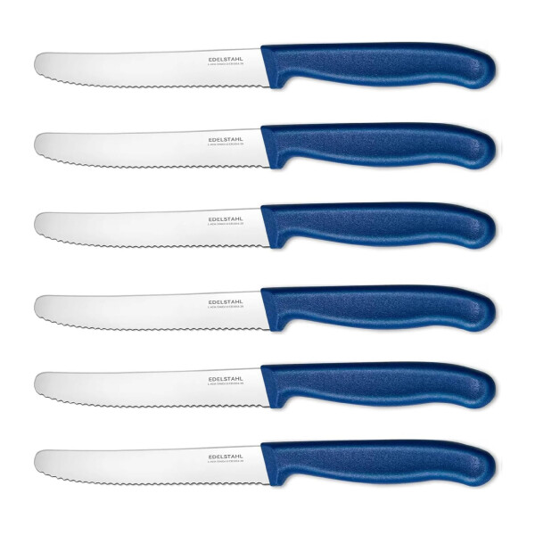 NEUSTANLO | Tafelmesser aus rostfreiem Stahl | 6 Stück | Blau | extra scharfer Wellenschliff | ideales Brötchenmesser, Tomatenmesser für den Frühstückstisch