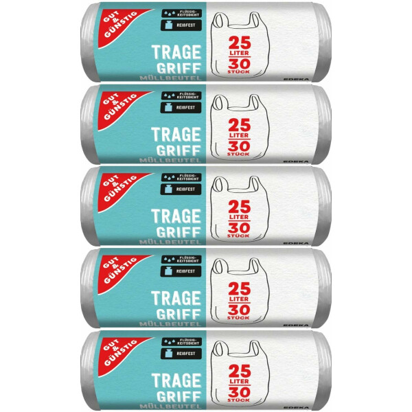 Gut & Günstig 150 Müllbeutel/Mülltüten mit Tragegriff, 25 Liter, 30 Stück pro Rolle, Reißfest & Flüssigkeitsdicht, Produkt & Verpackung recyclebar