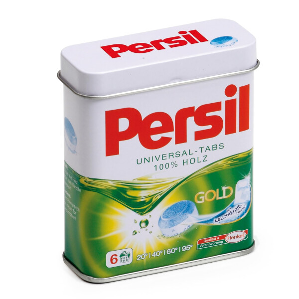 Erzi 21201 Waschmitteltabs Persil aus Holz in der Dose, Kaufladenartikel für Kinder, Rollenspiele