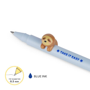 Legami - Gelschreiber mit dekorativem Tier - Lovely Friends, Faultier, nicht rollend, blau Tinte, entfernbares und wieder kombinierbares Tier, 0,5 mm Spitze