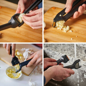 Fiskars Knoblauchpresse mit ausklappbarem Gittereinsatz und Schaber, Länge: 16 cm, Kunststoff/Metall, Functional Form, Schwarz, 1028361