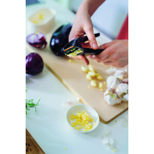 Fiskars Knoblauchpresse mit ausklappbarem Gittereinsatz und Schaber, Länge: 16 cm, Kunststoff/Metall, Functional Form, Schwarz, 1028361