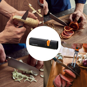 Fiskars Messerschärfer für scharfe Messerklingen aus Stahl, Keramikschleifstein, Edge, Roll-Sharp, Schwarz/Orange, 1003098