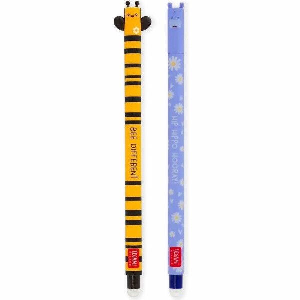 LEGAMI Set mit 2 radierbaren Gelstiften mit thermoempfindlicher Radiertinte, verschiedene Tintenfarben und Schaftdesigns, 0,7 mm Spitze, Biene und Nilpferd
