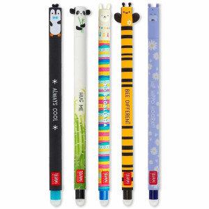 Legami -| Set aus 5 radierbaren Gelstiften mit wärmeempfindlicher Tinte, einer Auswahl an Tintfarben und Designs, 0,7 mm Spitze, mit den Motiven Pinguin, Panda, Lama, Biene und Nilpferd