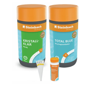 Steinbach | Poolpflege Kristallklar + Total Blue Starter-Set | flüssig, 1 l | mit 50er Teststreifen-Kit | ideal zur Wasserkontrolle | Poolwasser sauber und kristallklar