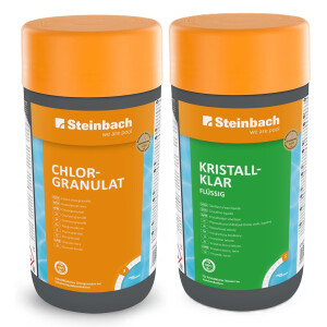 Steinbach | Poolpflege Starter-Set | Chlorgranulat 1 kg + Kristallklar flüssig 1 l | Perfektes Set zur Reinigung und Wartung | Ideal zur Erstdosierung und Schockbehandlung