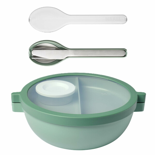 Mepal - Meal Prep Boxen Vita Set - Bento Schüssel + 3-teiliges Besteck-Set Ellipse - Brotdose mit Fächern - Extra Fach mit Deckel, Dressing-Deckel & Tablett - Bentobox - 1500 ml - Nordic Sage