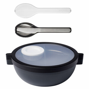 Mepal - Meal Prep Boxen Vita Set - Bento Schüssel + 3-teiliges Besteck-Set Ellipse - Brotdose mit Fächern - Extra Fach mit Deckel, Dressing-Deckel & Tablett - Bentobox - 1500 ml - Nordic Black