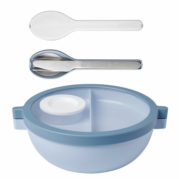 Mepal - Meal Prep Boxen Vita Set - Bento Schüssel + 3-teiliges Besteck-Set Ellipse - Brotdose mit Fächern - Extra Fach mit Deckel, Dressing-Deckel & Tablett - Bentobox - 1500 ml - Nordic Blue