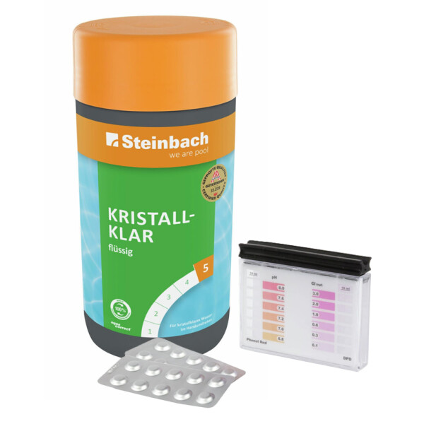 Steinbach | Poolpflege Test-Set | Kristallklar 1l & Testkit für pH-Wert/Chlor | ideal zur Wasserkontrolle von pH-Wert und freiem Chlor | Poolwasser sauber & kristallklar