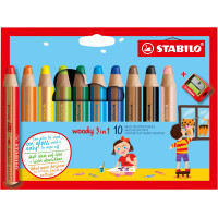STABILO - Buntstift, Wasserfarbe & Wachsmalkreide - woody 3 in 1-10er Pack mit Spitzer - mit 10 verschiedenen Farben
