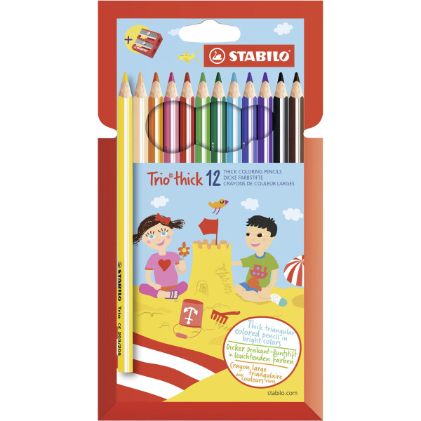 STABILO - Dreikant-Buntstift - Trio dick - 12er Pack - mit 12 verschiedenen Farben und Spitzer