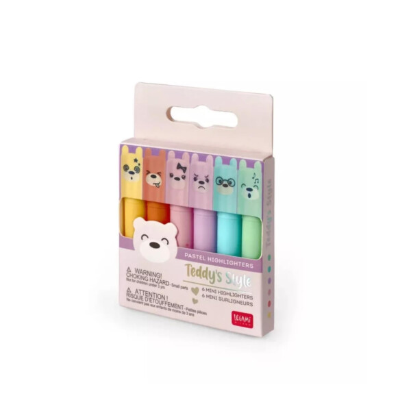 Legami - Teddys Style, Set mit 6 Mini-Textmarkern, 1 x 7,5 cm, Gelb, Pfirsich, Rosa, Lila, Hellblau, Hellgrün, zum präzisen Unterstreichen und Markieren, Mehrfarbig 2