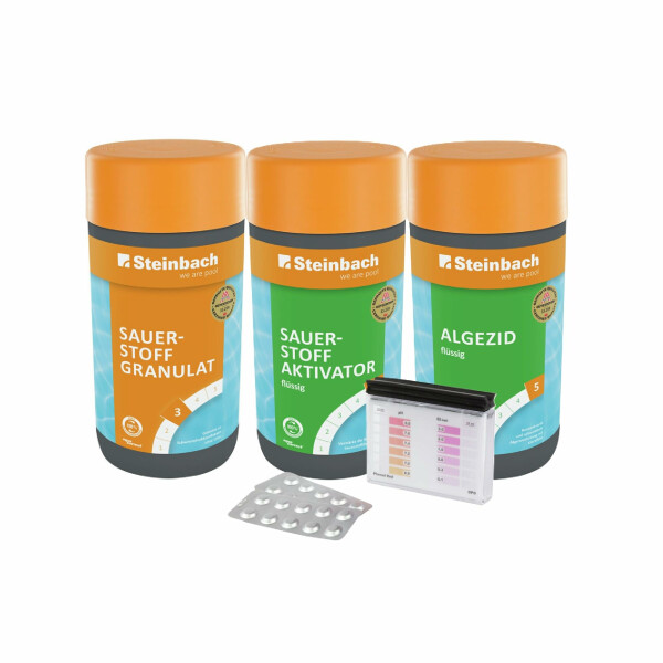 Steinbach | Wasserpflege Sauerstoff Starter Set I Pool Starterset für Einsteiger I Sauerstoffgranulat, Algezid, Sauerstoffaktivator, Testkit | Pool-Zubehör-Set für Anfänger