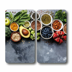 KESPER | Glasschneideplatte/Herdabeckplatte/Buffetplatte, Material: ESG-Sicherheitsglas, Maße: 50 x 28,5 cm, Stärke: 0,4 cm, Fußhöhe: 3 mm, Motivfolie: Healthy Kitchen Grau/Grün/Rot/Blau | 37543 13
