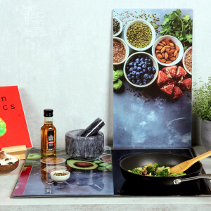 KESPER | Glasschneideplatte/Herdabeckplatte/Buffetplatte, Material: ESG-Sicherheitsglas, Maße: 50 x 28,5 cm, Stärke: 0,4 cm, Fußhöhe: 3 mm, Motivfolie: Healthy Kitchen Grau/Grün/Rot/Blau | 37543 13