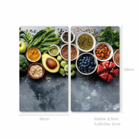 KESPER | Glasschneideplatte/Herdabeckplatte/Buffetplatte, Material: ESG-Sicherheitsglas, Maße: 50 x 28,5 cm, Stärke: 0,4 cm, Fußhöhe: 3 mm, Motivfolie: Healthy Kitchen Grau/Grün/Rot/Blau | 37543 13