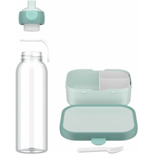 Mepal - Pausenset Campus - Set für Kinder mit Bento Brotdose und Pop-Up Wasserflasche - Lunch-Set für die Schule oder unterwegs - Spülmaschinenfest - 750 + 500 ml - Cool Mint