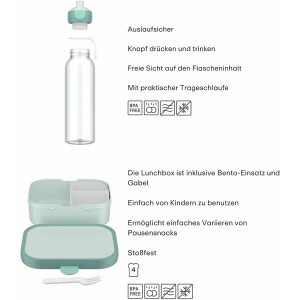 Mepal - Pausenset Campus - Set für Kinder mit Bento Brotdose und Pop-Up Wasserflasche - Lunch-Set für die Schule oder unterwegs - Spülmaschinenfest - 750 + 500 ml - Cool Mint