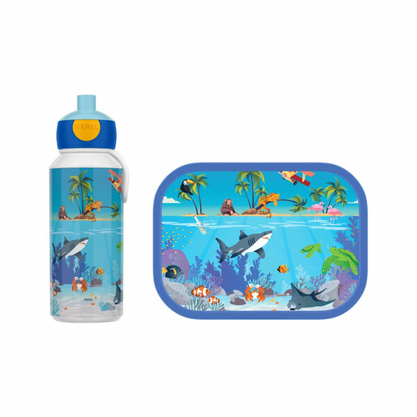 Mepal - Pausenset Campus - Set für Kinder mit Pop-up Trinkflasche & Lunch Box - Lunch-Set für die Schule oder unterwegs - Spülmaschinenfest - 400 + 750 ml - Tropical Ocean