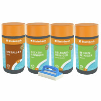 STEINBACH | Reinigungs-Starter-Set für Pools | 5-teilig | Beckenreiniger Super & alkalisch, Gelrandreiniger, Metall-EX je 1l + Handschrubber | für Grundreinigung & Frühjahrsputz