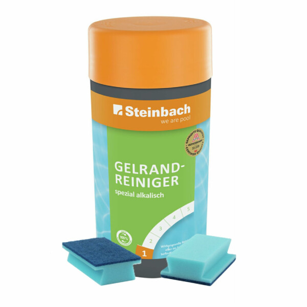 Steinbach | Reinigungsset für Pools | Gelrandreiniger Spezial alkalisch 1l + Handschrubber Doppelpack | gegen Schmutz-, Fett- & Rußränder | für Folien, Wände & Beckenränder