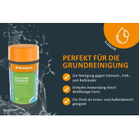 Steinbach | Reinigungsset für Pools | Gelrandreiniger Spezial alkalisch 1l + Handschrubber Doppelpack | gegen Schmutz-, Fett- & Rußränder | für Folien, Wände & Beckenränder