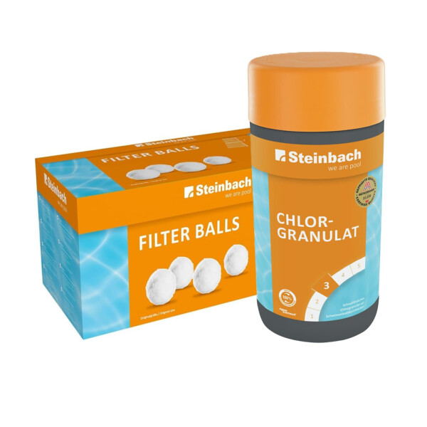 Steinbach Poolpflege-Set | Chlorgranulat 1kg & Filter Balls 700g | Schockchlorung & Wasserdesinfektion | ersetzt Filtersand | kristallklares Poolwasser ohne Rückstände