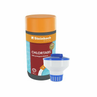 Steinbach Poolpflege-Set | Chlordosierschwimmer Maxi Ø 17 cm & Chlortabs 200 g, 1 kg | für Dauerdosierung | Verstellbarer Dosierregler | für Pools & Salzwasser geeignet | platzsparend faltbar