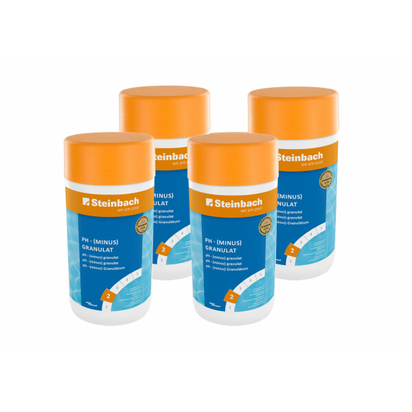 Steinbach Poolpflege pH-Minus Granulat – 0753001TS04 – 4 Stück | 1,5 kg – Zur pH-Wert-Senkung im Pool/Gut löslich & staubreduziert/Für bessere Wirksamkeit von Chlor & Desinfektionsmitteln
