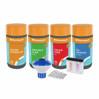 STEINBACH | Wasserpflege Set Classic I Pool Chlor Starterset für Einsteiger I Mini-Multitabs, Kristallklar, Dosierschwimmer, Testkit, pH-Senker & Chlorgranulat | Pool-Zubehör-Set für Anfänger