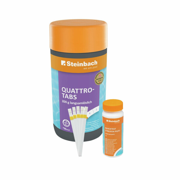 Steinbach Poolpflege Test-Set | Quicktest Streifen für pH-Wert & freies Chlor + Quattrotabs 200g | Wasseranalyse & Desinfektion in einem Set | schnelllöslich & pH-neutral | für Pools & Whirlpools